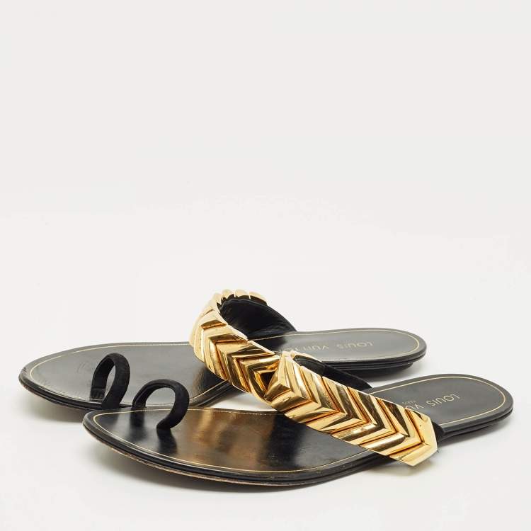 Pre Owned Louis Vuitton Black Suede Metal Chevron  Flat Slides Size 39.5