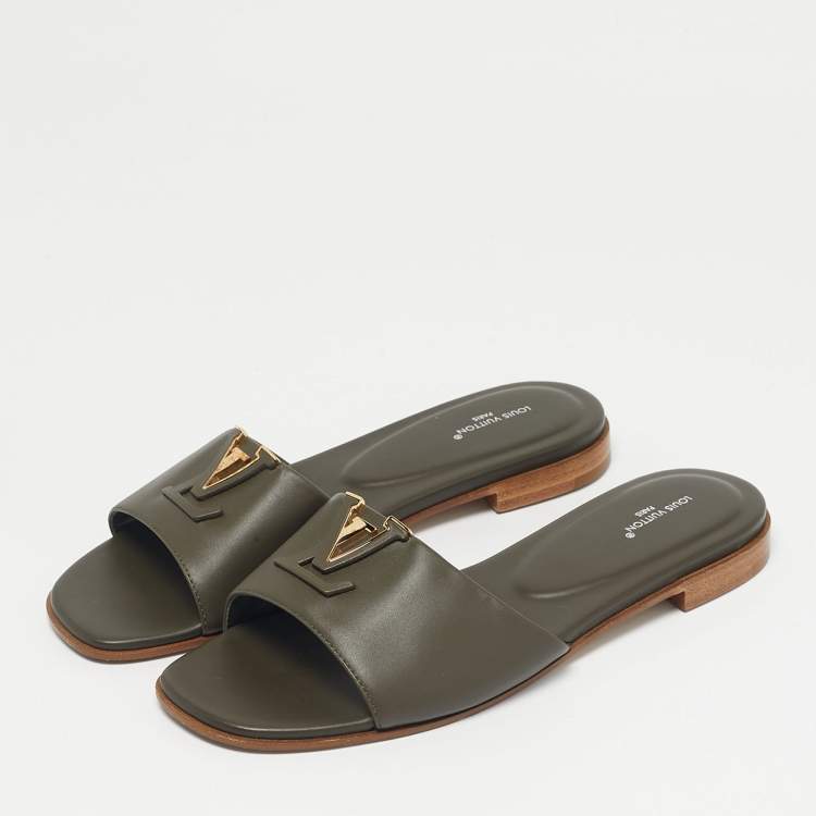 Pre Owned Louis Vuitton Green Leather LV Mare Flat Slide Size 37