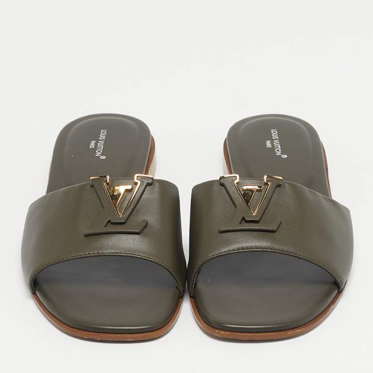 Pre Owned Louis Vuitton Green Leather LV Mare Flat Slide Size 37