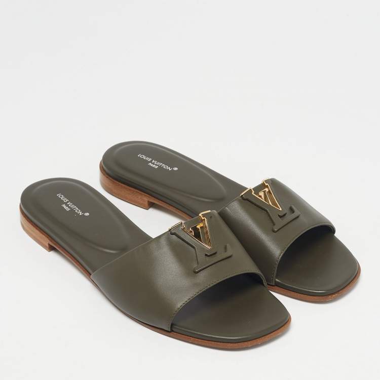 Pre Owned Louis Vuitton Green Leather LV Mare Flat Slide Size 37