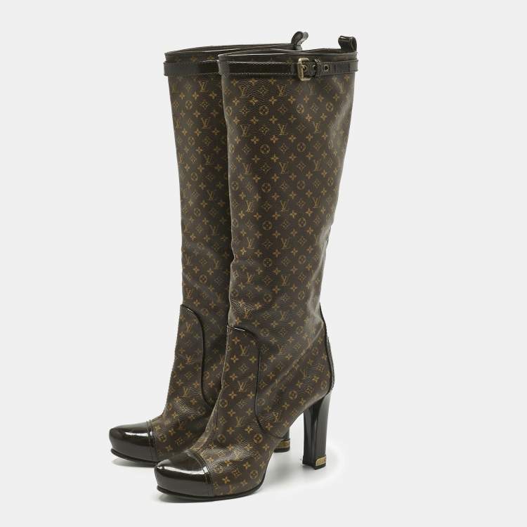 Pre Owned Louis Vuitton Brown Monogram Canvas and Patent Idole Knee Length Boots Size 37.5