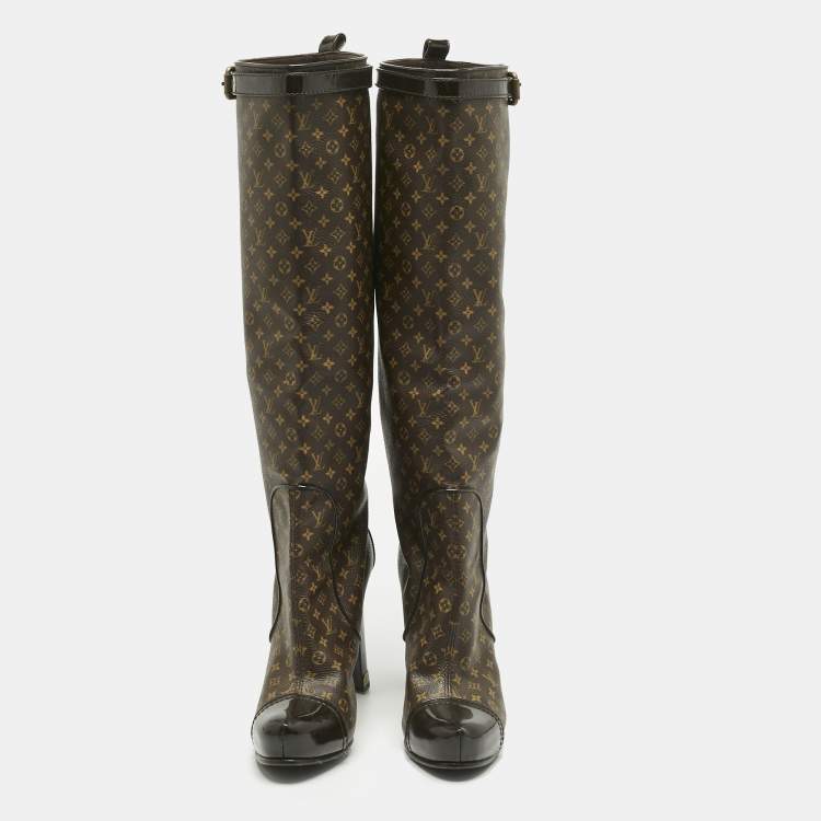 Pre Owned Louis Vuitton Brown Monogram Canvas and Patent Idole Knee Length Boots Size 37.5