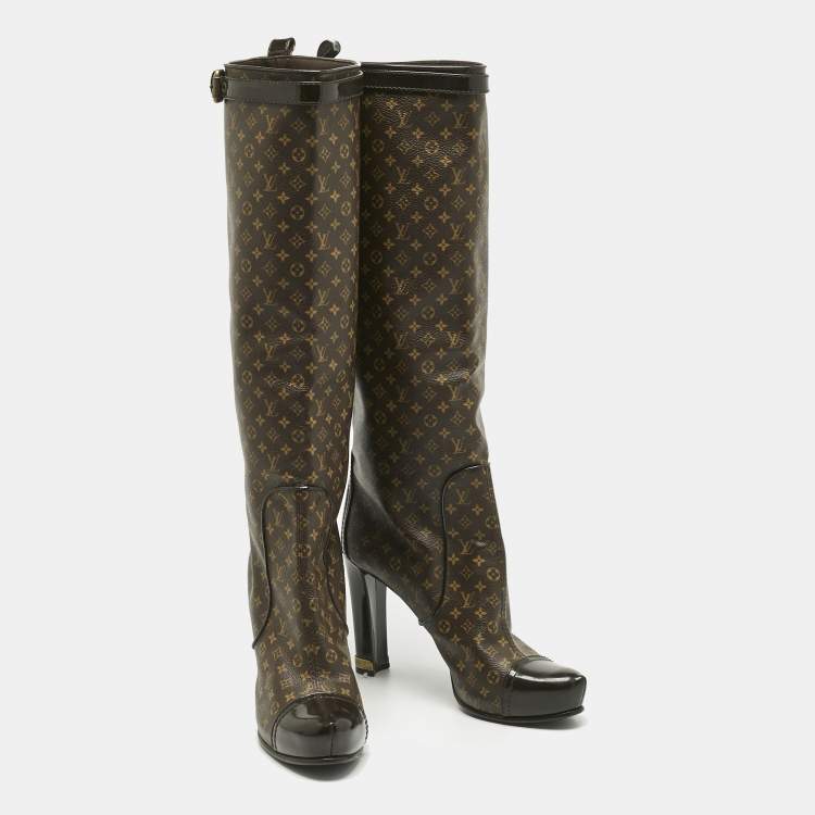 Pre Owned Louis Vuitton Brown Monogram Canvas and Patent Idole Knee Length Boots Size 37.5