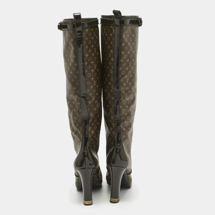 Pre Owned Louis Vuitton Brown Monogram Canvas and Patent Idole Knee Length Boots Size 37.5