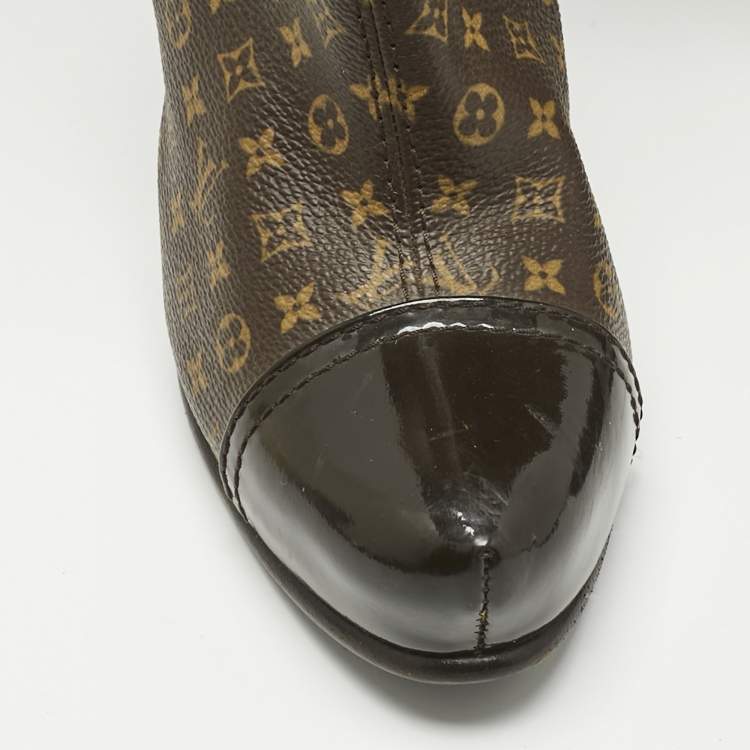 Pre Owned Louis Vuitton Brown Monogram Canvas and Patent Idole Knee Length Boots Size 37.5