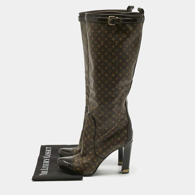 Pre Owned Louis Vuitton Brown Monogram Canvas and Patent Idole Knee Length Boots Size 37.5