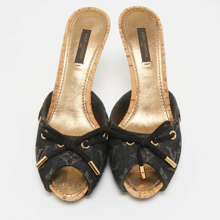 Pre Owned Louis Vuitton Black Monogram Denim Mules Size 37