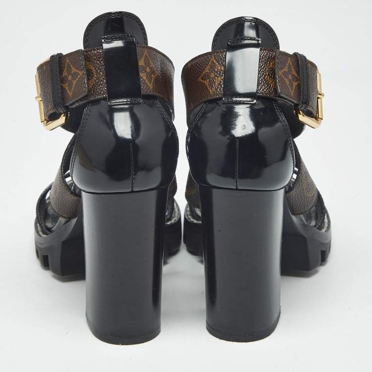 Pre Owned Louis Vuitton Brown/Black Monogram Canvas and Patent Cross Ankle Strap Sandals Size 36.5