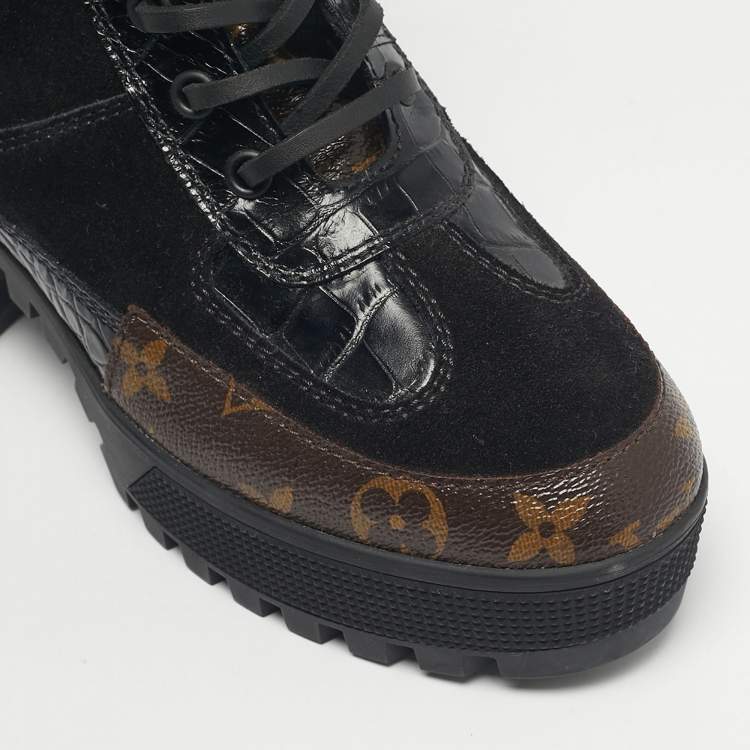 Pre Owned Louis Vuitton Two Tone Monogram Canvas and Leather Laureate Ankle Length Boots Size 36.5