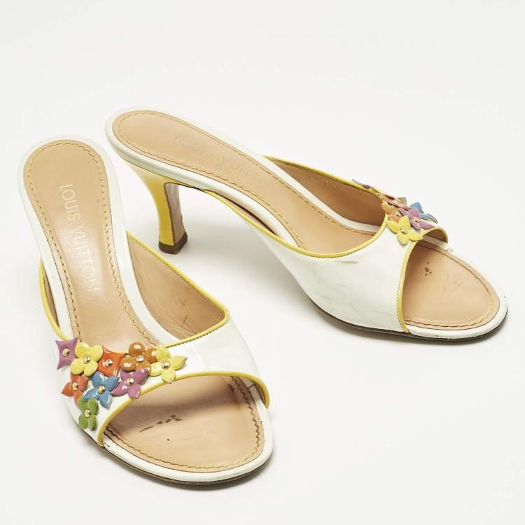 Pre Owned Louis Vuitton White Patent Leather Multicolor Flower Embellished Slide Sandals Size 37.5
