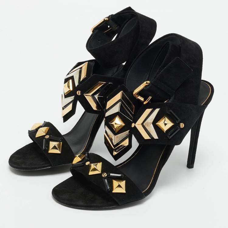 Pre Owned Louis Vuitton Black Suede Flower Embellished Ankle Strap Sandals Size 39.5