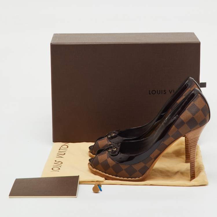 Pre Owned Louis Vuitton Damier Ebene Canvas Palm Beach Peep Toe Pumps Size 37