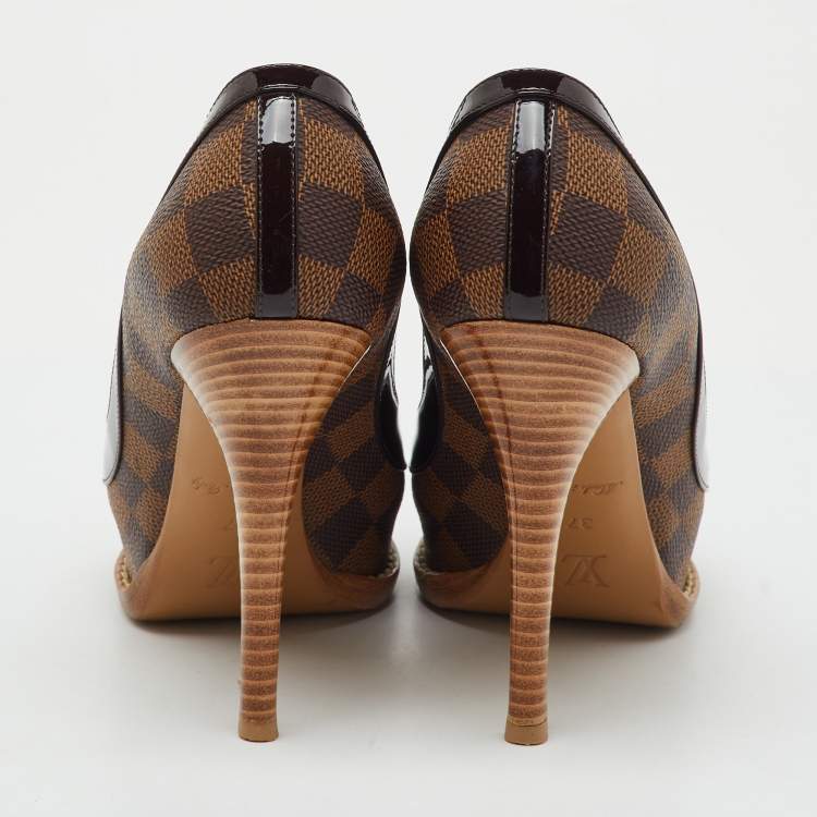 Pre Owned Louis Vuitton Damier Ebene Canvas Palm Beach Peep Toe Pumps Size 37