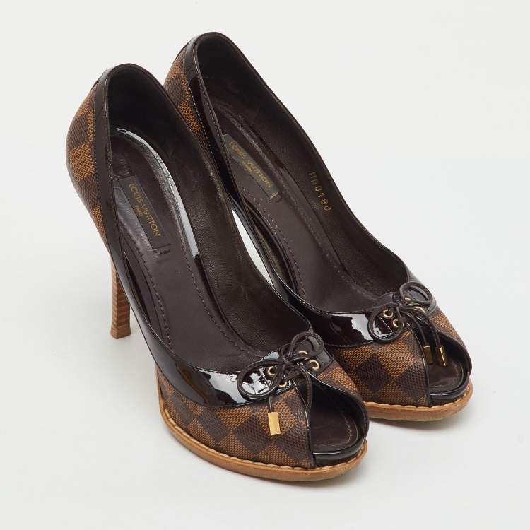 Pre Owned Louis Vuitton Damier Ebene Canvas Palm Beach Peep Toe Pumps Size 37