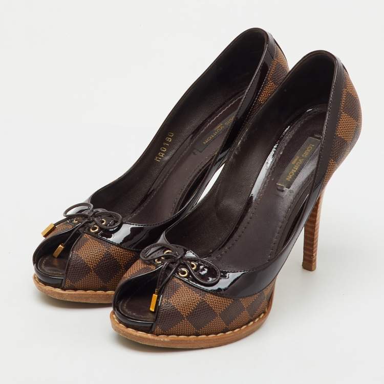 Pre Owned Louis Vuitton Damier Ebene Canvas Palm Beach Peep Toe Pumps Size 37
