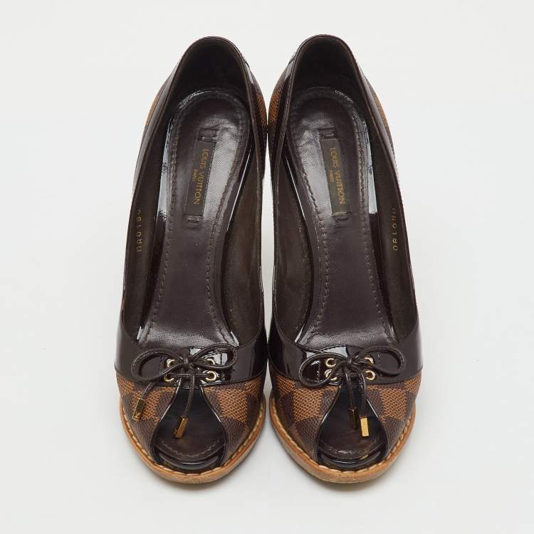 Pre Owned Louis Vuitton Damier Ebene Canvas Palm Beach Peep Toe Pumps Size 37