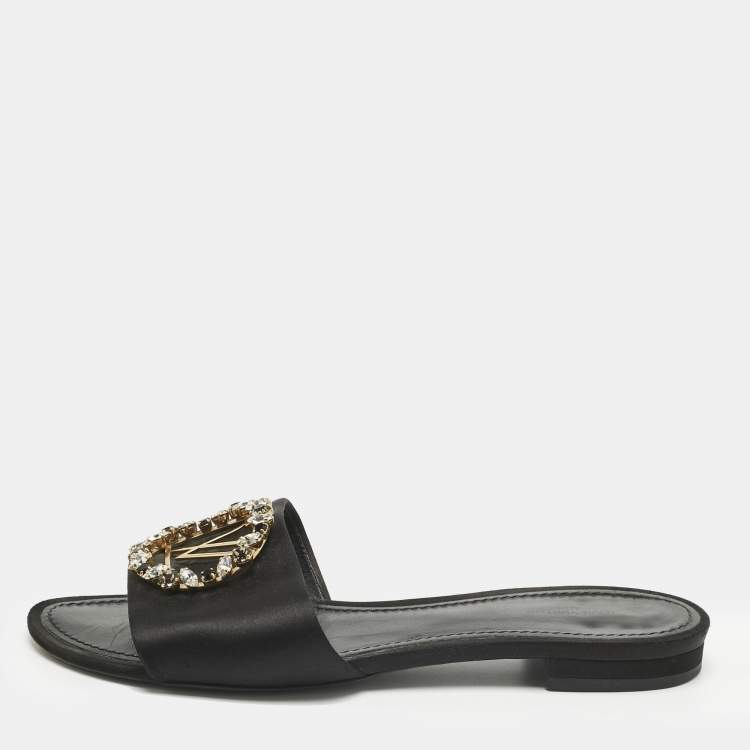 Pre Owned Louis Vuitton Black Satin Madeleine Flat Slide Size 38