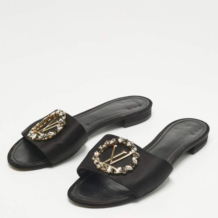 Pre Owned Louis Vuitton Black Satin Madeleine Flat Slide Size 38