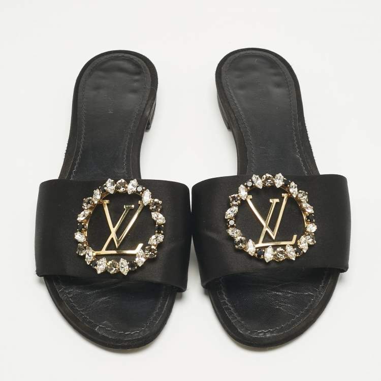 Pre Owned Louis Vuitton Black Satin Madeleine Flat Slide Size 38