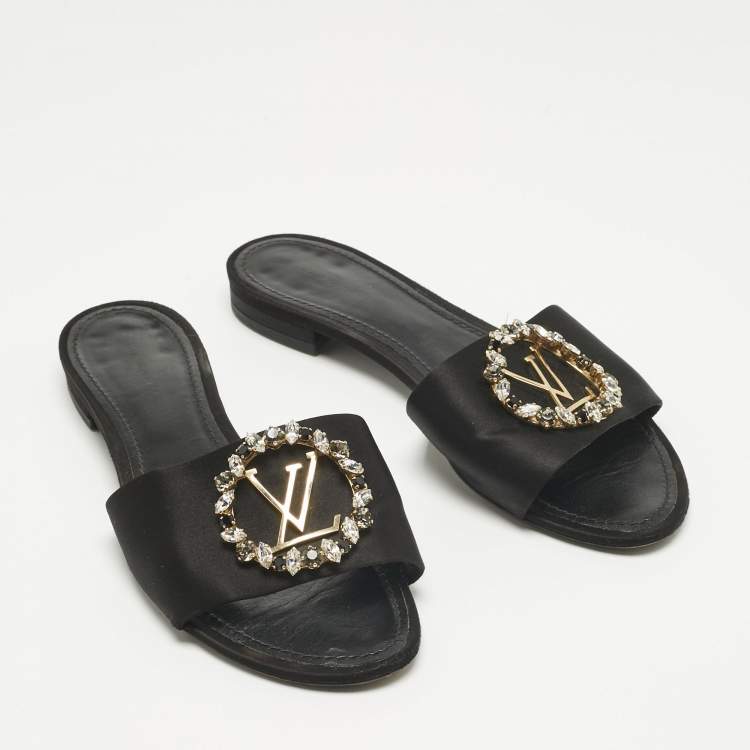 Pre Owned Louis Vuitton Black Satin Madeleine Flat Slide Size 38