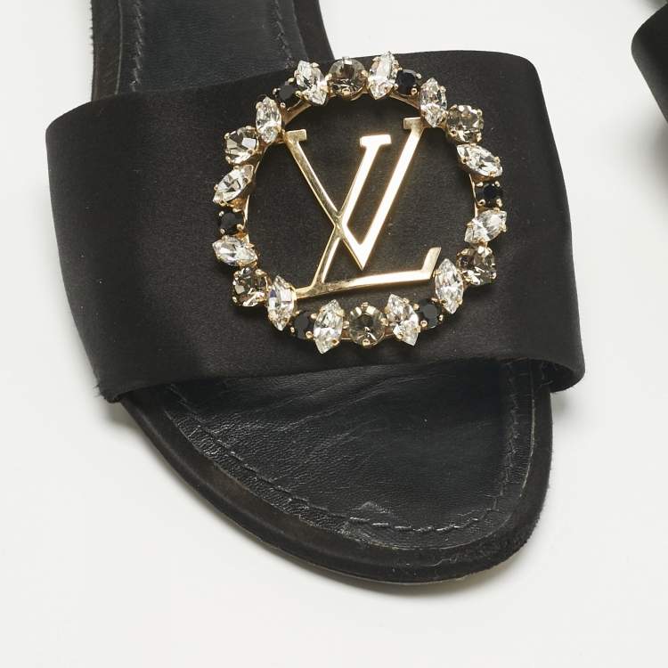 Pre Owned Louis Vuitton Black Satin Madeleine Flat Slide Size 38