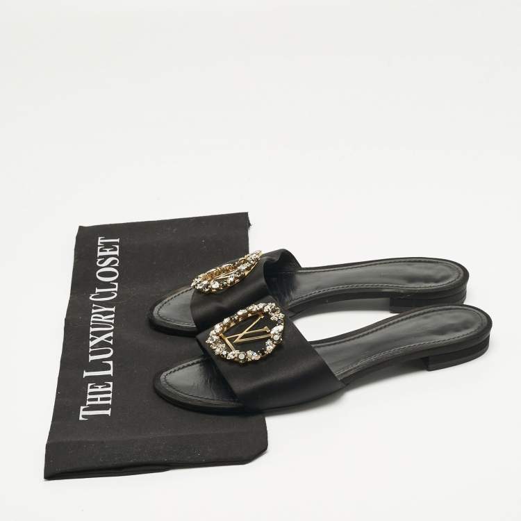 Pre Owned Louis Vuitton Black Satin Madeleine Flat Slide Size 38