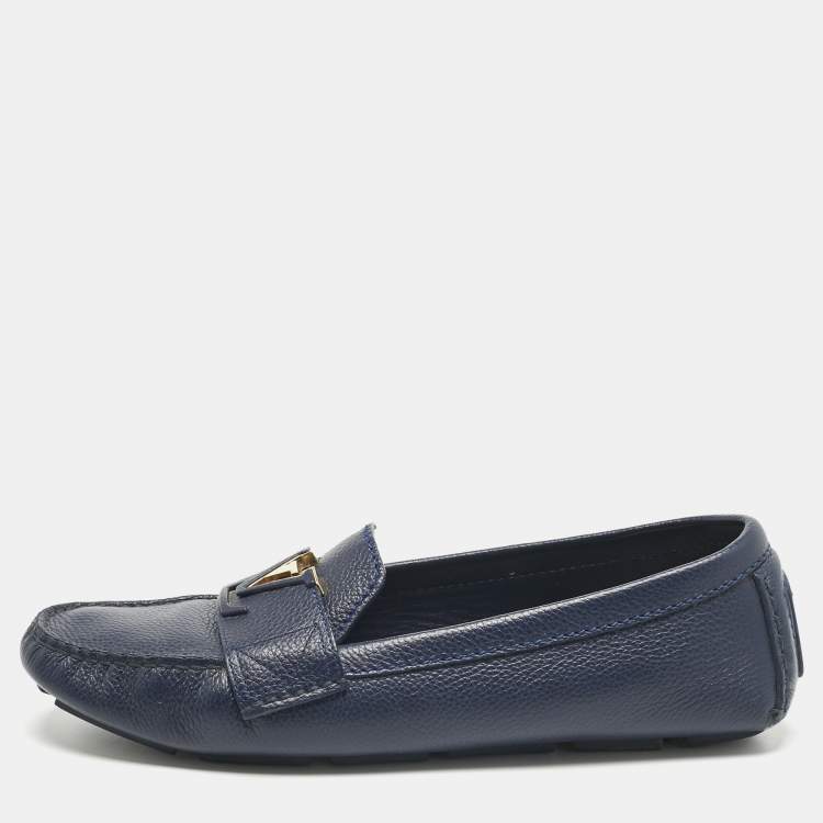 Pre Owned Louis Vuitton Navy Blue Leather LV Mare Loafers Size 38.5
