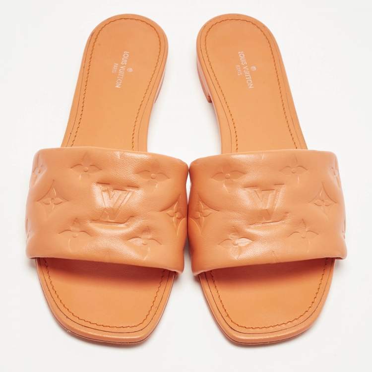 Pre Owned Louis Vuitton Orange  Monogram Embossed Leather Revival Flat Slides Size 39