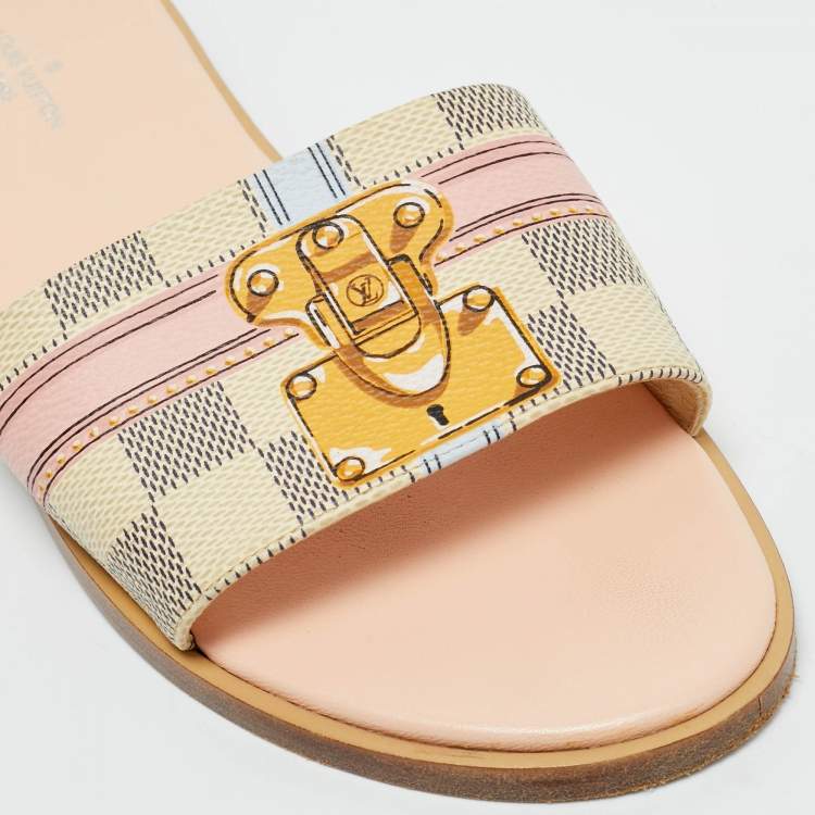 Pre Owned Louis Vuitton Monogram Coated Canvas Lock It Flat Slides Size 37