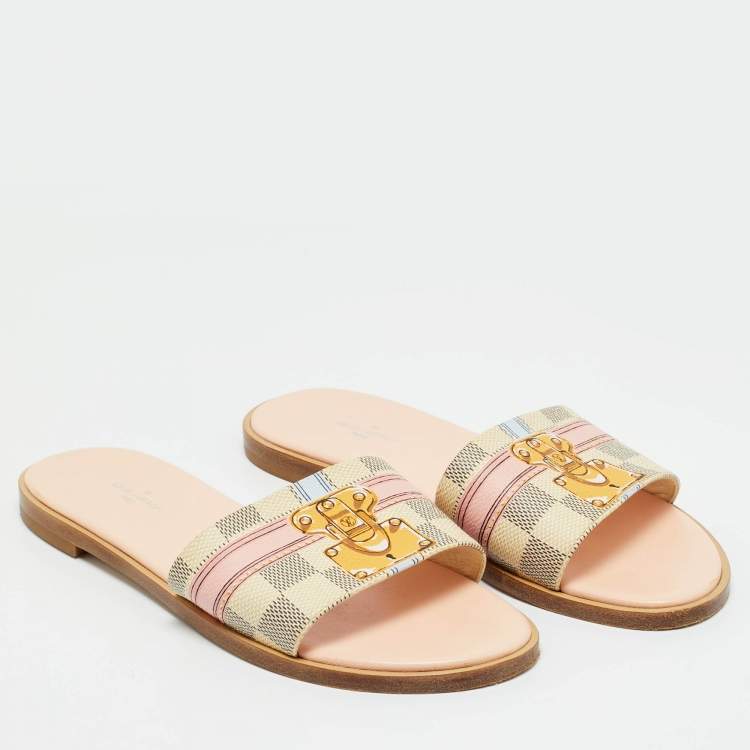 Pre Owned Louis Vuitton Monogram Coated Canvas Lock It Flat Slides Size 37