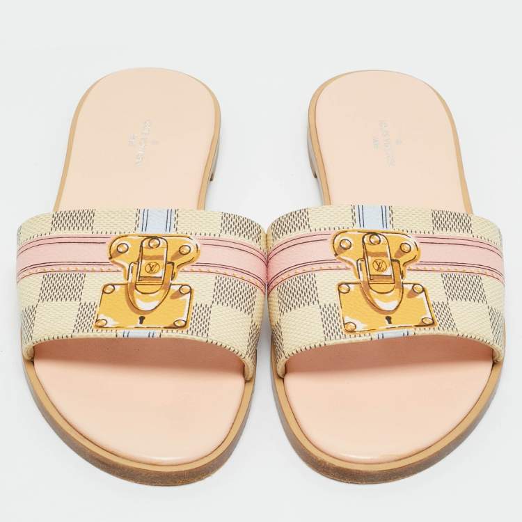 Pre Owned Louis Vuitton Monogram Coated Canvas Lock It Flat Slides Size 37