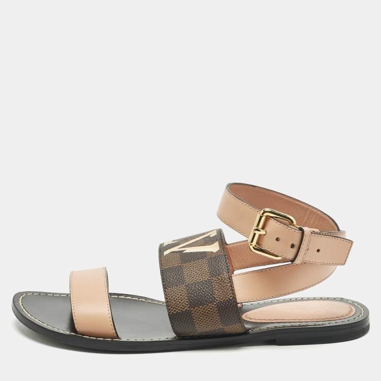 Pre Owned Louis Vuitton Brown Monogram Coated Canvas and Leather Passenger Flat Sandals Size 37.5