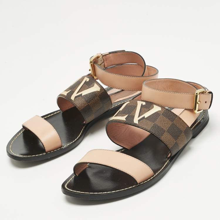 Pre Owned Louis Vuitton Brown Monogram Coated Canvas and Leather Passenger Flat Sandals Size 37.5