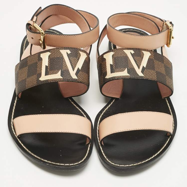 Pre Owned Louis Vuitton Brown Monogram Coated Canvas and Leather Passenger Flat Sandals Size 37.5