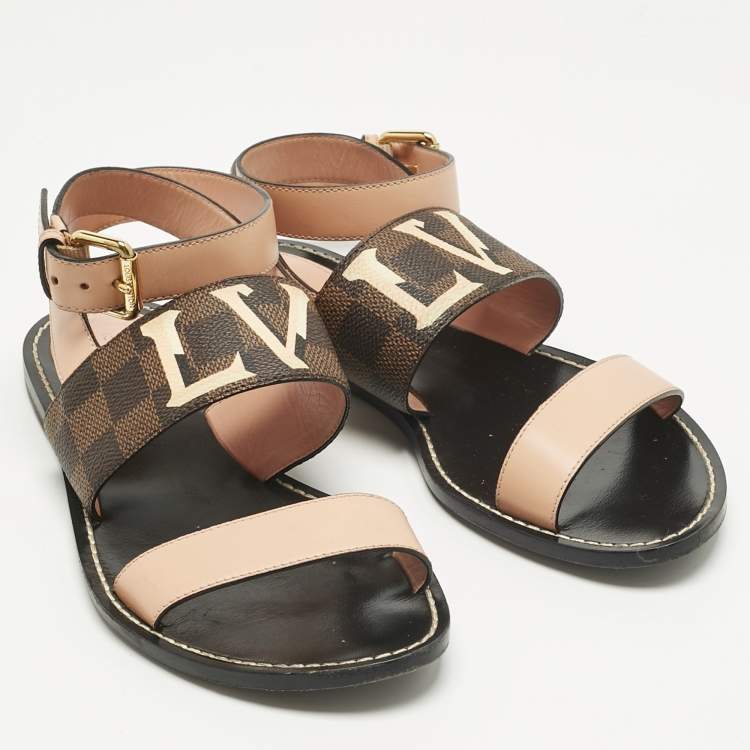 Pre Owned Louis Vuitton Brown Monogram Coated Canvas and Leather Passenger Flat Sandals Size 37.5