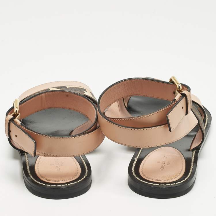Pre Owned Louis Vuitton Brown Monogram Coated Canvas and Leather Passenger Flat Sandals Size 37.5