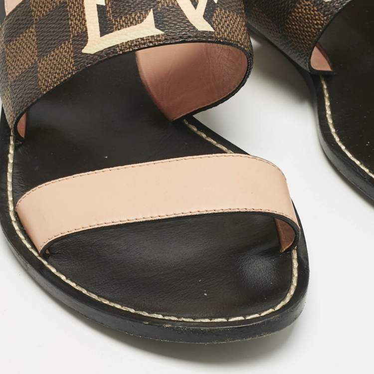 Pre Owned Louis Vuitton Brown Monogram Coated Canvas and Leather Passenger Flat Sandals Size 37.5