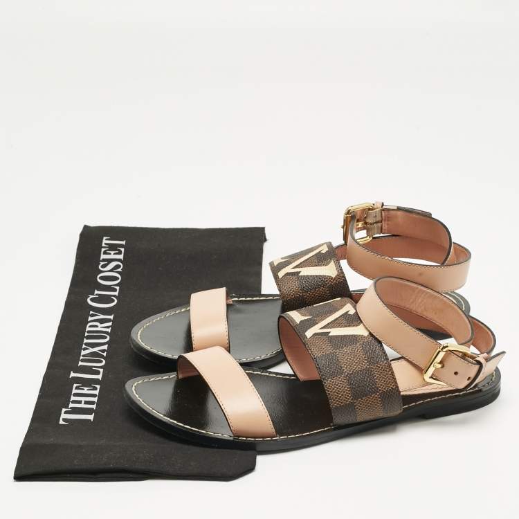 Pre Owned Louis Vuitton Brown Monogram Coated Canvas and Leather Passenger Flat Sandals Size 37.5