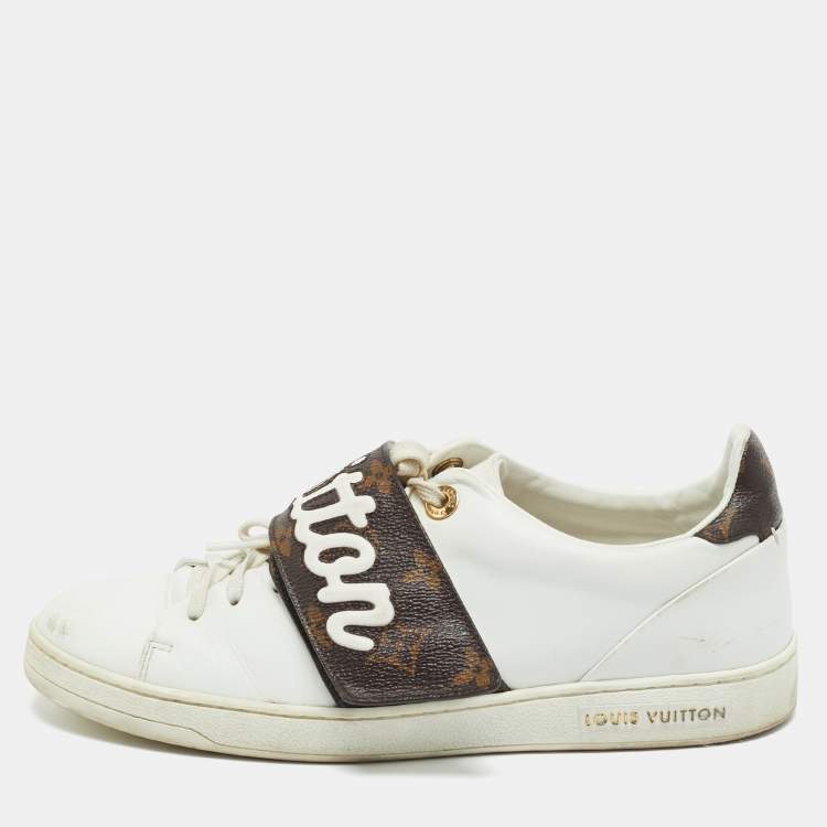 Pre Owned Louis Vuitton White/Brown Monogram Canvas and Leather Frontrow Lace Up Sneakers Size 38.5