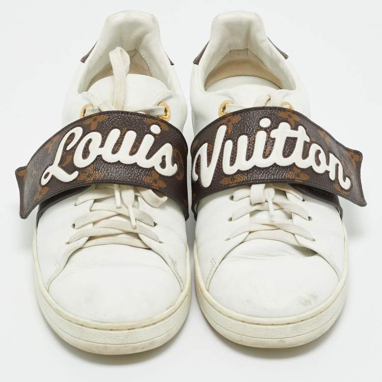 Pre Owned Louis Vuitton White/Brown Monogram Canvas and Leather Frontrow Lace Up Sneakers Size 38.5