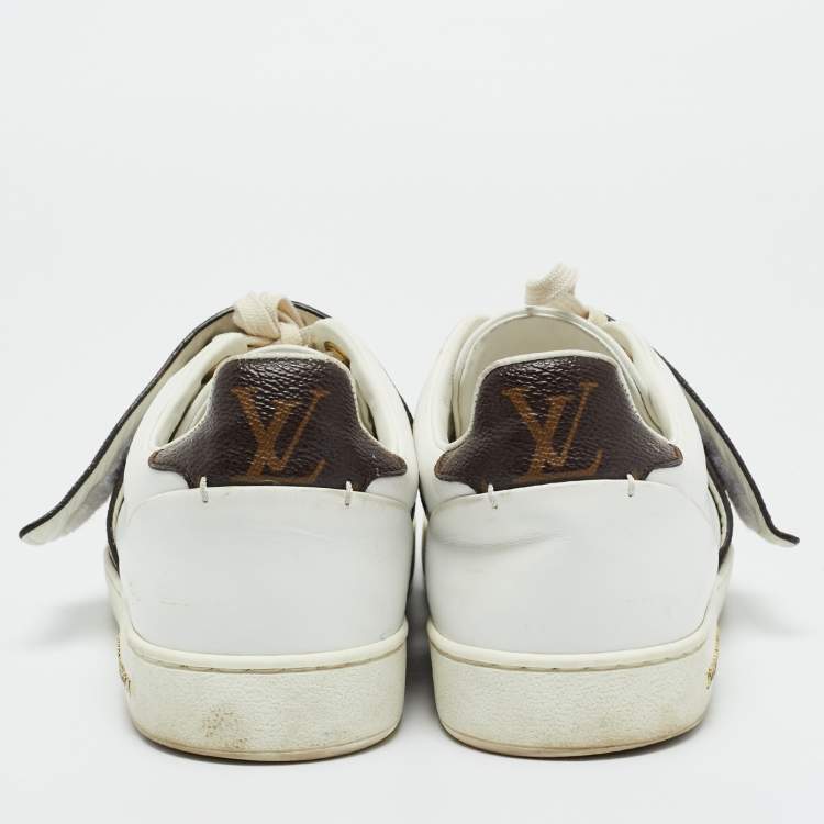 Pre Owned Louis Vuitton White/Brown Monogram Canvas and Leather Frontrow Lace Up Sneakers Size 38.5