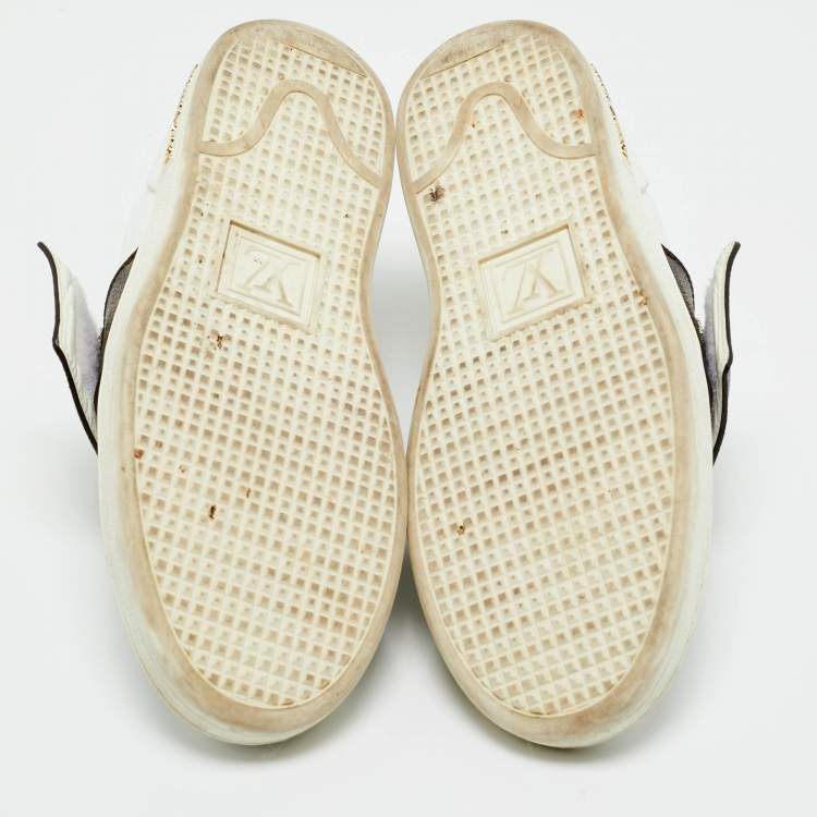 Pre Owned Louis Vuitton White/Brown Monogram Canvas and Leather Frontrow Lace Up Sneakers Size 38.5