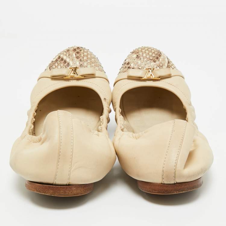 Pre Owned Louis Vuitton Beige Leather And Python Cap Toe Scrunch Ballet Flats Size 38