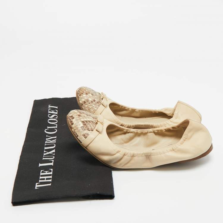 Pre Owned Louis Vuitton Beige Leather And Python Cap Toe Scrunch Ballet Flats Size 38