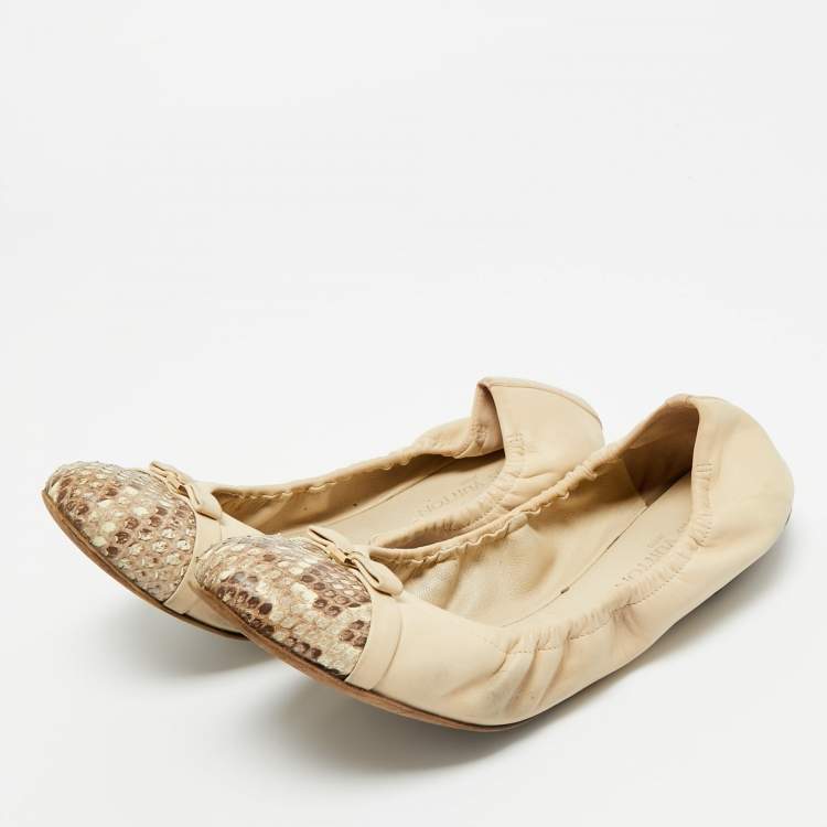 Pre Owned Louis Vuitton Beige Leather And Python Cap Toe Scrunch Ballet Flats Size 38