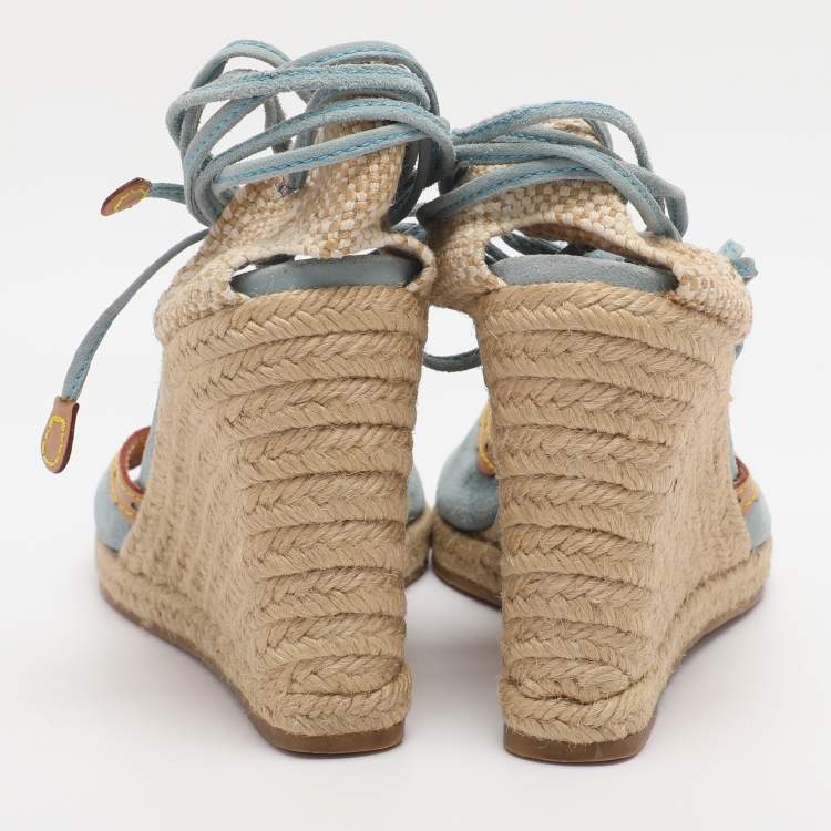Pre Owned Louis Vuitton Multicolor Jute and Suede Wedge Espadrilles Sandals Size 39