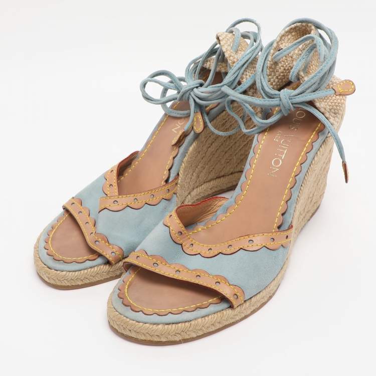 Pre Owned Louis Vuitton Multicolor Jute and Suede Wedge Espadrilles Sandals Size 39