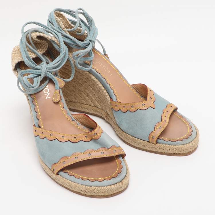 Pre Owned Louis Vuitton Multicolor Jute and Suede Wedge Espadrilles Sandals Size 39