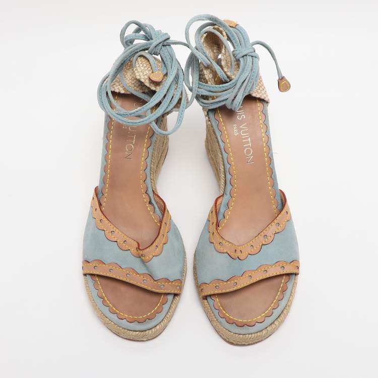 Pre Owned Louis Vuitton Multicolor Jute and Suede Wedge Espadrilles Sandals Size 39