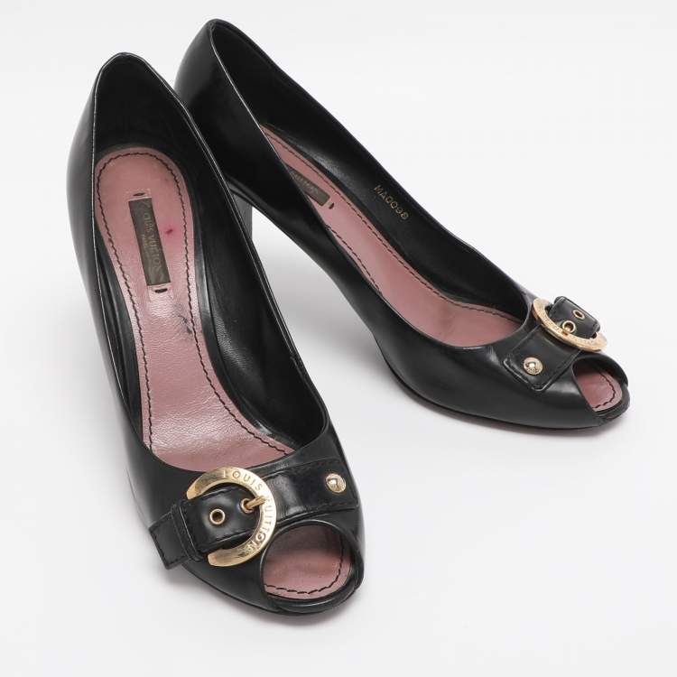 Pre Owned Louis Vuitton Black Patent Leather Buckle Peep Toe Pumps Size 38